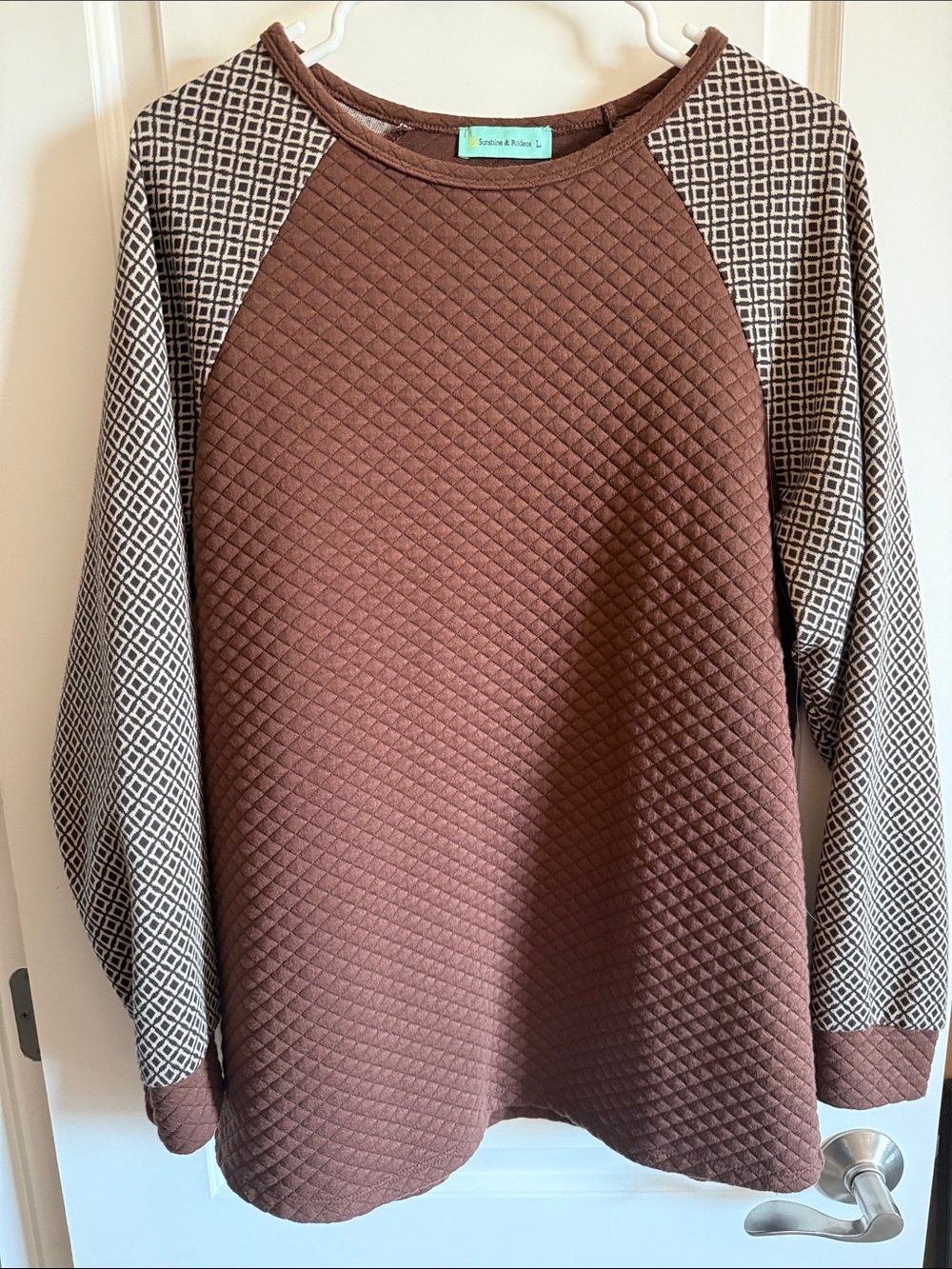 Brown Quilted Crewneck Top with Patterned Sleeves